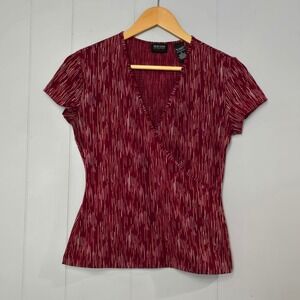VTG New York Company Stretch Burgundy Abstract Striped Faux Wrap Top Womens Sz S